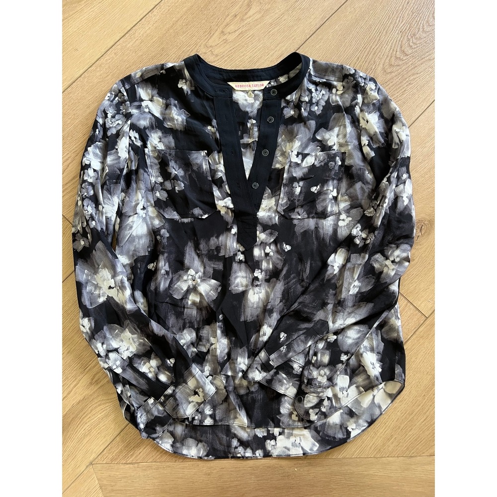 Rebecca Taylor Blouse‎ Black Floral Print Long Sleeve Top Size 4
